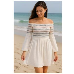 NWT FARM RIO ANTRHO White Smocked Mini Dress, S